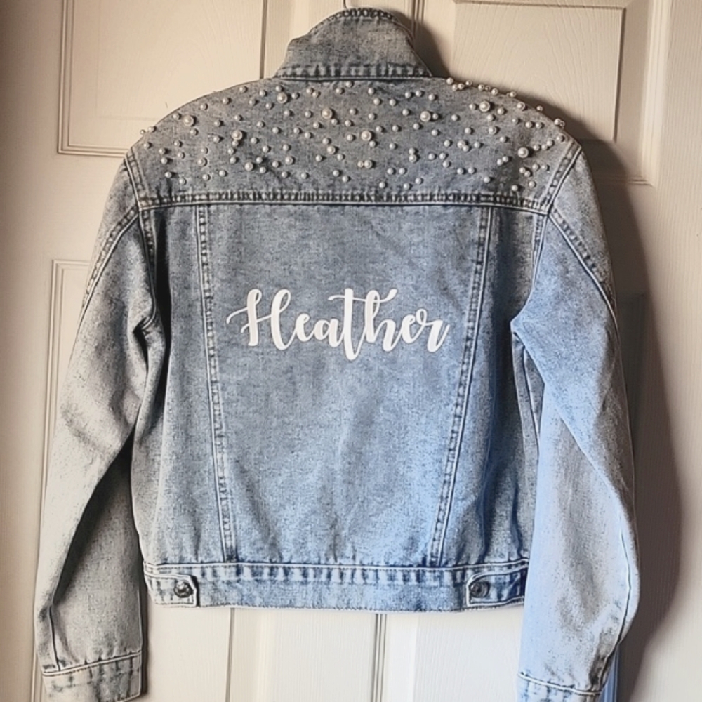 Monicustom Pearl Embellished Blue Denim Jacket Heather on Back Small - Picture 4 of 8